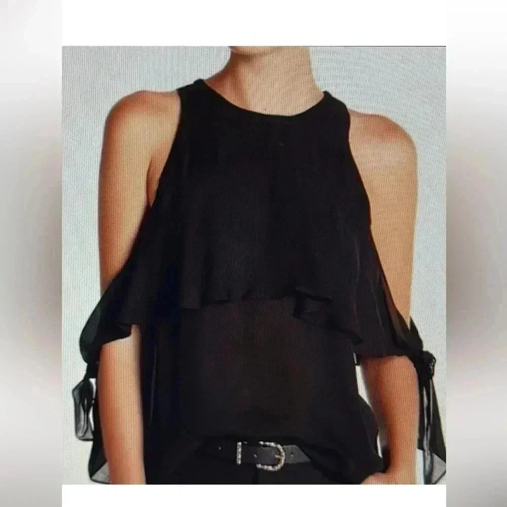 RAMY BROOK 100% SILK LUXURY BLACK COLD SHOULDER RUFFLE TOP BLOUSE SIZE SMALL NEW - Picture 2 of 15